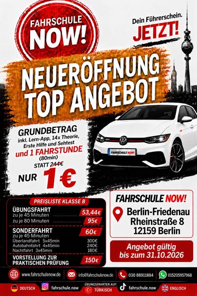 Flyer mit dem Eröffnungsangebot der Fahrschule NOW!